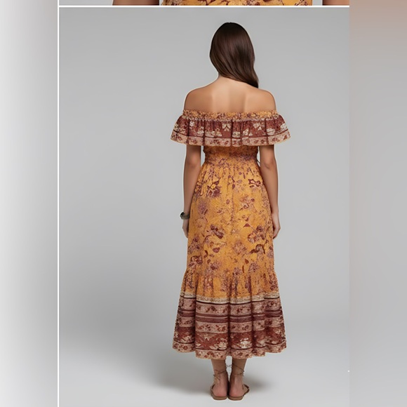 Boho Floral Pattern Off Shoulder A-Line Dress - Picture 4 of 8